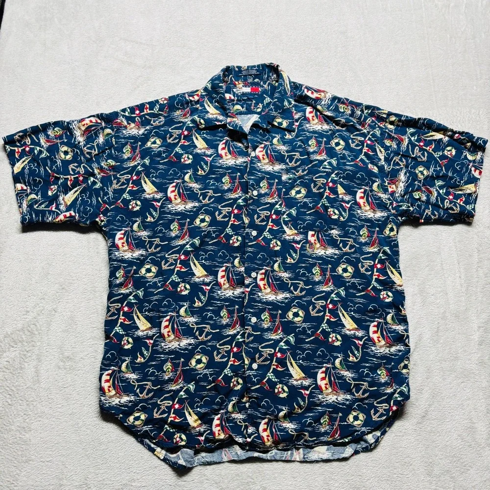 VTG Tommy Hilfiger Camp‎ Shirt 100% Rayon Loop Collar Sailing Nautical Mens L